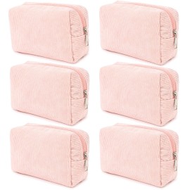 SOIDRAM Corduroy Cosmetic Bag - Cute Pink Makeup Pouch, Large Capacity, Travel Toiletry Bag Organizer with 1Pcs Makeup Brushes Storage