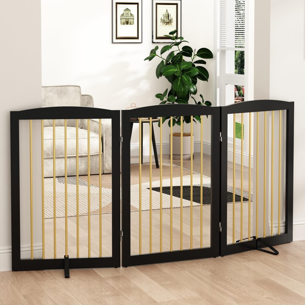 PUPETPO Freestanding Pet Gate for Dogs, Foldable Wooden Dog Gate for House Indoor, Step Over Pet Puppy Safety Fence for Stair, Doorway,Hall, Support Feet Included,3 Panels 32,Black&Gold