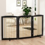 PUPETPO Freestanding Pet Gate for Dogs, Foldable Wooden Dog Gate for House Indoor, Step Over Pet Puppy Safety Fence for Stair, Doorway,Hall, Support Feet Included,3 Panels 32,Black&Gold