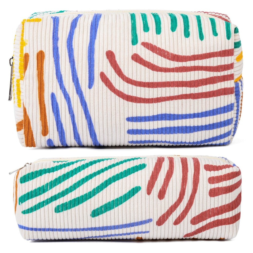 SOIDRAM Corduroy Cosmetic Bag - Large Capacity Makeup Pouch with Stripe Pattern and Makeup Brush Storage - Travel Toiletry Bag Organizer