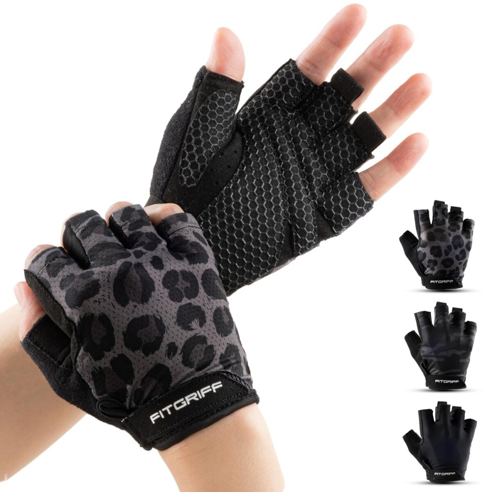 Fitgriff Workout Gloves (Padded) for Men & Women - Fingerless Gym Gloves for Weight Lifting, Training - Full Palm Protection (Leopard, Size 5)