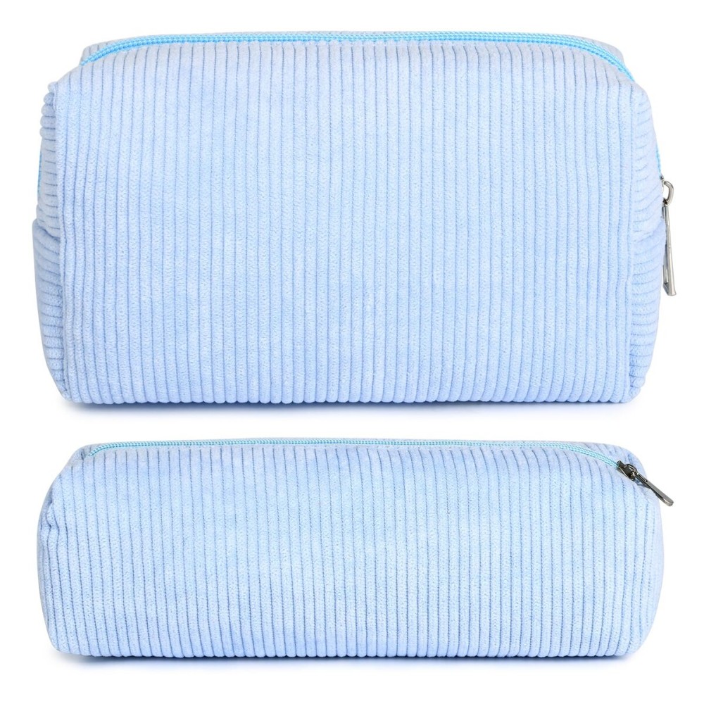 SOIDRAM Corduroy Cosmetic Bag - Cute Blue Makeup Pouch, Large Capacity, Travel Toiletry Bag Organizer with 1Pcs Makeup Brushes Storage