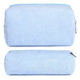 SOIDRAM Corduroy Cosmetic Bag - Cute Blue Makeup Pouch, Large Capacity, Travel Toiletry Bag Organizer with 1Pcs Makeup Brushes Storage