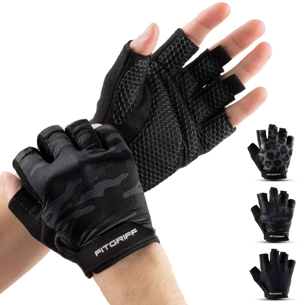 Fitgriff Workout Gloves (Padded) for Men & Women - Fingerless Gym Gloves for Weight Lifting, Training - Full Palm Protection (Camo-Black, Size 8)