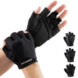 Fitgriff Workout Gloves (Padded) for Men & Women - Fingerless Gym Gloves for Weight Lifting, Training - Full Palm Protection (Black, Size 9)