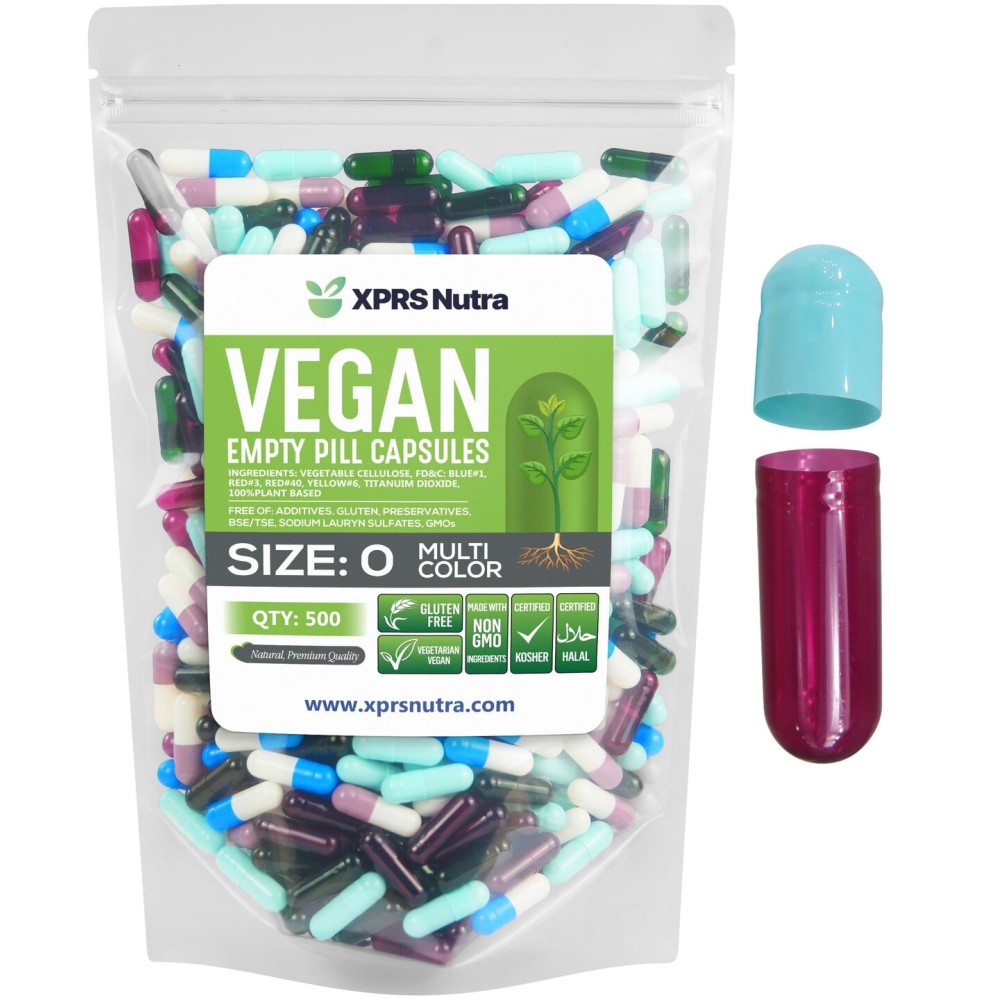 XPRS Nutra Size 0 Empty Capsules - 500 Count Empty Vegan Capsules - Vegetarian Pills - DIY Vegetable Capsule Filling- Veggie Pill Caps for Do-It-Yourself Supplements (Multi Color)