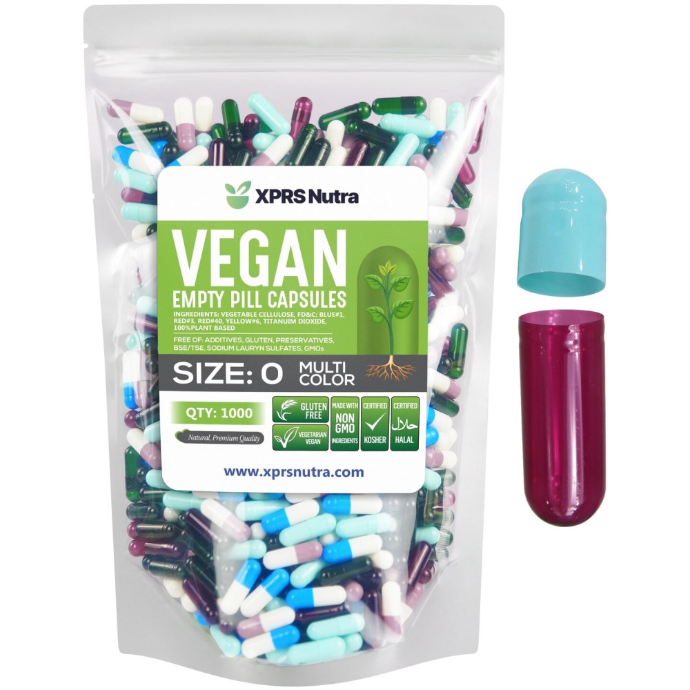 XPRS Nutra Size 0 Empty Capsules - 1000 Count Empty Vegan Capsules - Vegetarian Pills- DIY Vegetable Capsule Filling- Veggie Pill Caps for Do-It-Yourself Supplements (Multi Color)