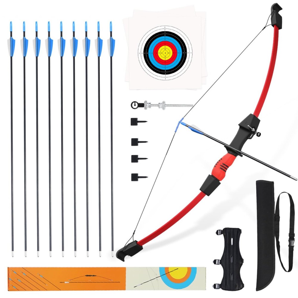 Procener 40 Bow and 28 Arrow Set for Kids, Archery Beginner Gift with 9 Arrows 2 Target Face1 Arm Guard and 1 Quiver, 18 Lb Recurve Bow Kit for Teen Outdoor Sports Game Hunting Toy (Red)