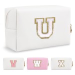Small Personalized Initial A-Z Preppy Patch Makeup Bag,White PU Chenille Letter Travel Cosmetic Pouch with Zipper,Cute Toiletry Bag,Gift Ideal for Teen Girls Women Teacher Bridesmaid,Letter U