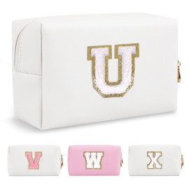 Small Personalized Initial A-Z Preppy Patch Makeup Bag,White PU Chenille Letter Travel Cosmetic Pouch with Zipper,Cute Toiletry Bag,Gift Ideal for Teen Girls Women Teacher Bridesmaid,Letter U