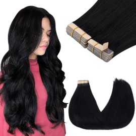 GOO GOO Tape in Hair Extensions Human Hair, 1 Jet black, 18inch 100g 40pcs, Skin Weft Seamless Invisible, Silky Straight with Thick Ends, Remy Human Hair