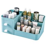 POFUOT skin care organizer,Makeup Desk Organizer With Drawers,Countertop Organizer for Cosmetics,Vanity brush with Holder for Lipstick, Brushes, Eyeshadow, and Desktop (polar blue)