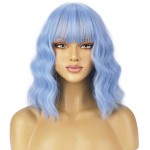 BERON 14 Inches Light Blue Wig for Women Short Curly Wig Synthetic Blue Wigs with Bangs Lake Blue Wigs with Hairnet