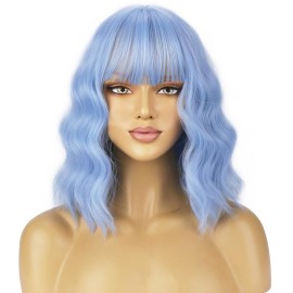 BERON 14 Inches Light Blue Wig for Women Short Curly Wig Synthetic Blue Wigs with Bangs Lake Blue Wigs with Hairnet