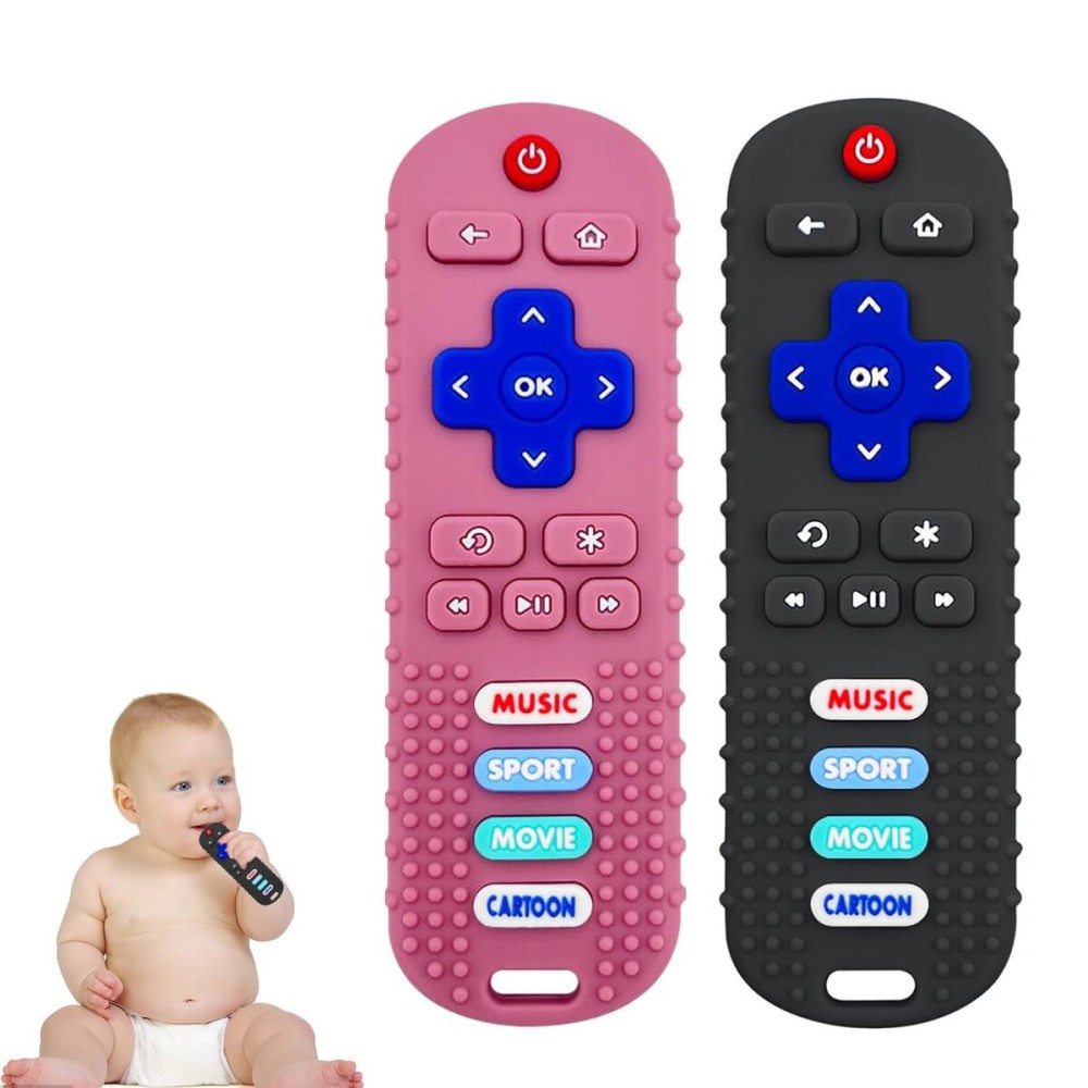 SOLIFEGOBLE 2 Pack Toy Remote for Baby,Silicone Remote Teether for Babies,Baby TV Remote Toys,Infant Chew Toys for Babies Chew Toys (Black + Pink)