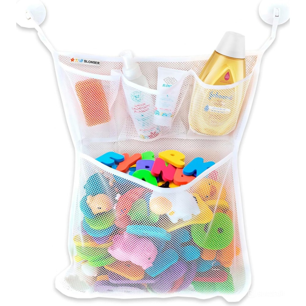 Bath Toy Holder 14x20 Inch, Mesh Bathtub Toy Storage Basket, Kids Bath Net, Tub Holder Bag, Toddler Shower Caddy Hanging Bucket Bin, Baby Bathroom Organizer with 2 Suction Cups, 2 Adhesive Wall Hooks