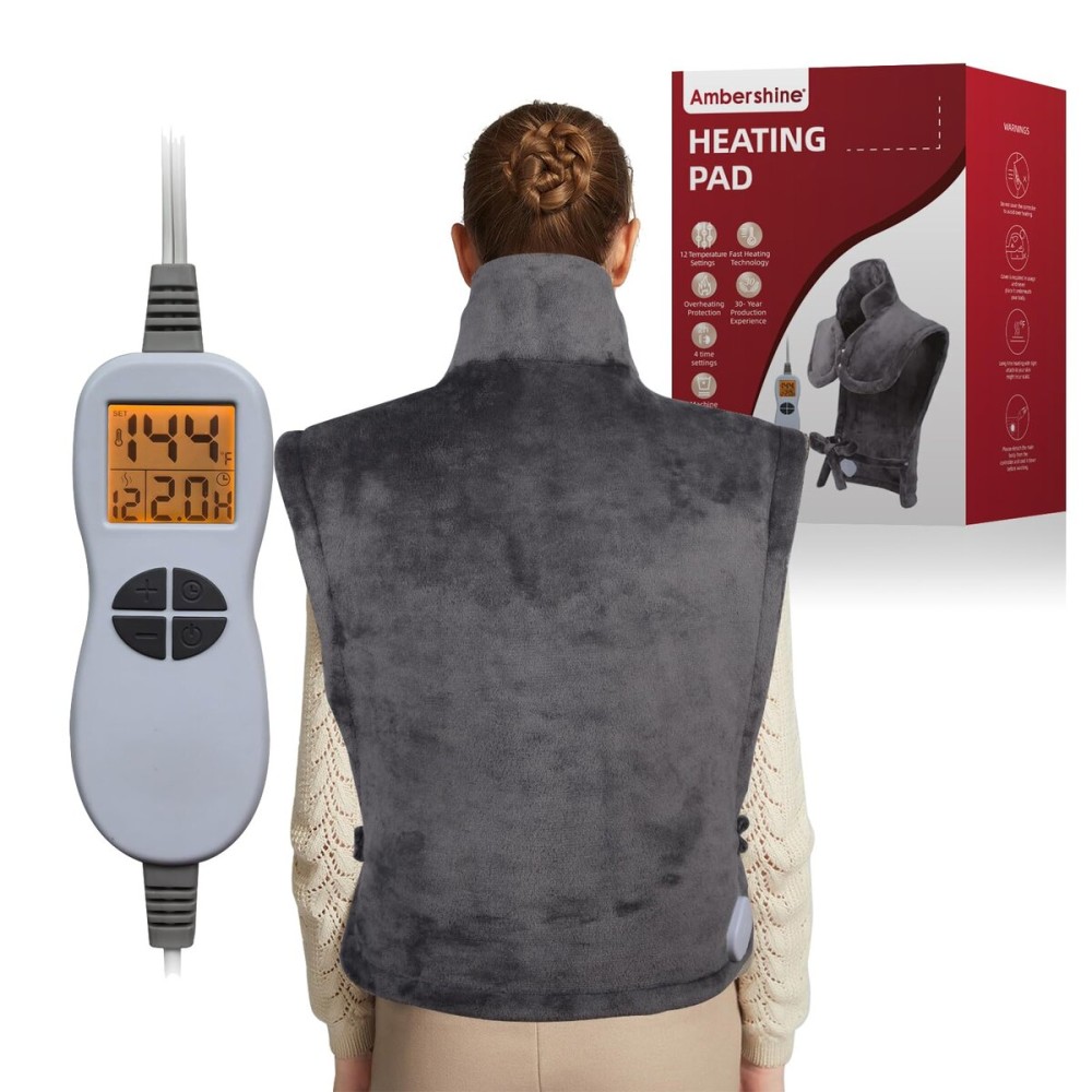 Ambershine 26x35 XXXL King Size Neck& Shoulder& Back Heating Pad with 12 Temperature Settings& 4 Auto-Off Countdown Timers, Pain Relief for Back/Neck/Shoulder, Christmas gift for mom dad (Dark Gray)