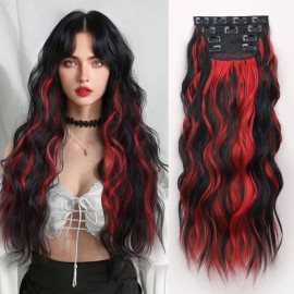 ALXNAN Clip in Long Wavy Hair Extension 20 Inch Black Red Highlights Hair Extensions 4PCS Thick Hairpieces Fiber Double Weft Hair for Women