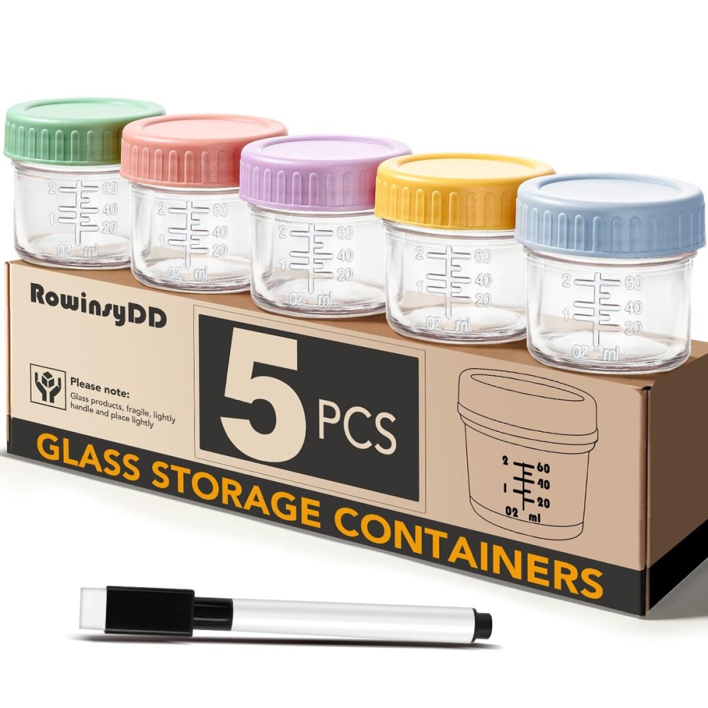 RowinsyDD 5 Pack Glass Baby Food Storage Containers, 4 oz Leakproof Baby Food Jars with Lids, Small Glass Food Containers for Infant Baby, Freezer & Microwave Safe, BPA Free