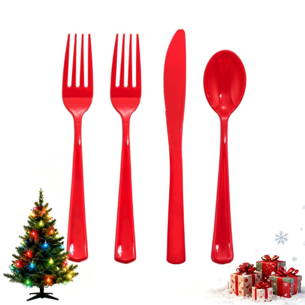 WDF 160 Piece Red Plastic Silverware - Heavy Duty Christmas Silverware of 80 Forks, 40 Spoons, 40 Knives - Red Plastic Utensils Perfect for Christmas Party & Daily Using
