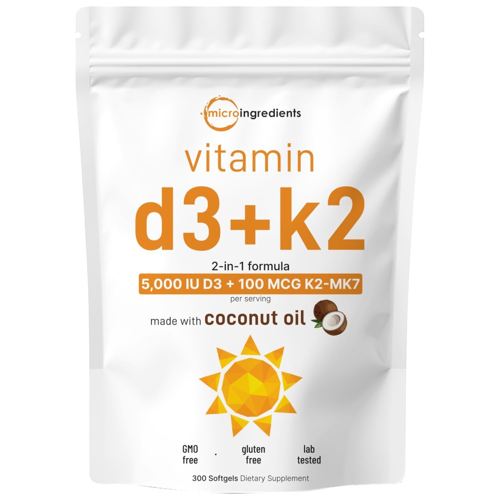 Micro Ingredients Vitamin D3 5,000 IU + K2 MK-7 100 mcg, 300 Softgels | Virgin Coconut Oil | 2-in-1 Bone, Immune & Heart Support | Easy to Swallow, Non-GMO
