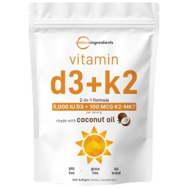 Micro Ingredients Vitamin D3 5,000 IU + K2 MK-7 100 mcg, 300 Softgels | Virgin Coconut Oil | 2-in-1 Bone, Immune & Heart Support | Easy to Swallow, Non-GMO