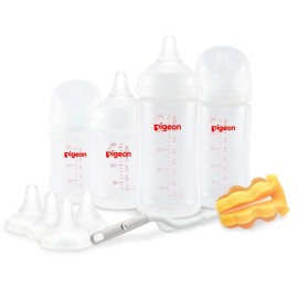 Pigeon Baby Bottle Newborn Feeding Gift Set, Anti-Colic, Wide Neck Bottle with Latch-On Line Nipple (4 PP Feeding Bottles with Nipples+ 4 Nipples + 1 Baby Bottle Brush)