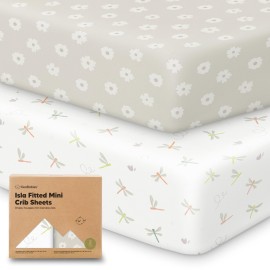 Pack and Play Sheets Fitted - 2-Pack Mini Crib Sheets for Pack N Play Mattress 38x26, Soft & Cozy, Neutral Toddler Playard Bedding, Snug Fitted Mini Baby Crib Mattress Cover Boy, Girl (Meadow)
