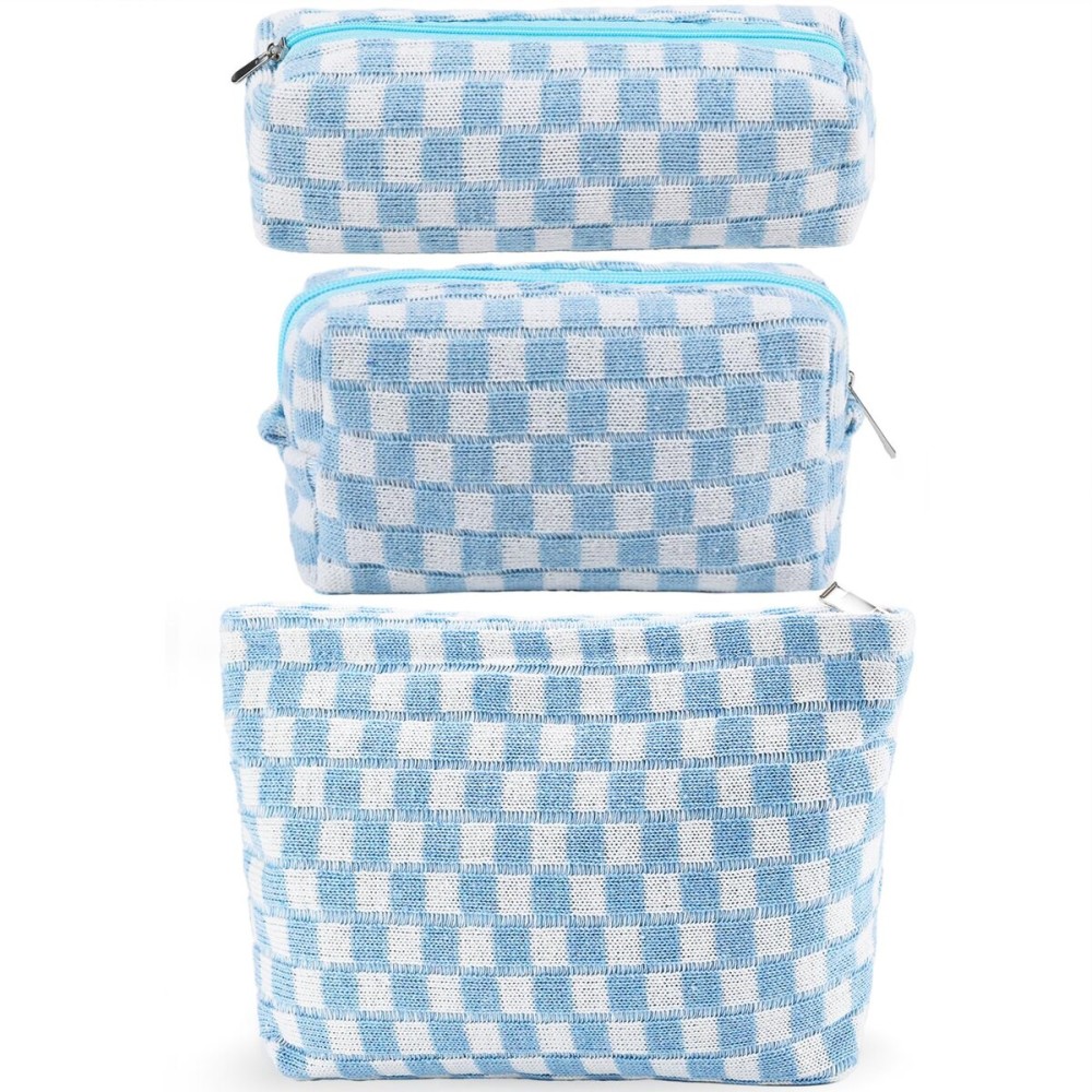 ZLFSRQ 3Pcs Checkered Makeup Bag for Women Large Small Checkered Cosmetic Bag Set Aesthetic Preppy Pencil Case Cute Pencil Pouch Blue Makeup Pouch for Purse Travel Toiletry Bags Zipper Skincare Bags