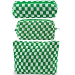 ZLFSRQ 3Pcs Checkered Makeup Bag for Women Large Small Checkered Cosmetic Bag Set Aesthetic Preppy Pencil Case Cute Pencil Pouch Green Makeup Pouch for Purse Travel Toiletry Bags Zipper Skincare Bags
