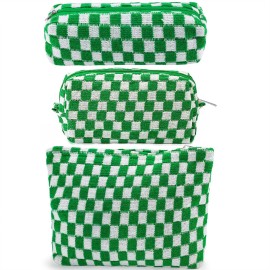 ZLFSRQ 3Pcs Checkered Makeup Bag for Women Large Small Checkered Cosmetic Bag Set Aesthetic Preppy Pencil Case Cute Pencil Pouch Green Makeup Pouch for Purse Travel Toiletry Bags Zipper Skincare Bags