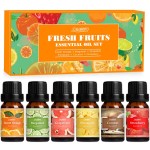 SALUBRITO Fresh Fruit Fragrance Oils Set, Essential Oils for Diffuser, Candle, Soap Making - Strawberry, Sweet Orange, Pineapple, Coconut, Bergamot, Grapefruit, 6X10ml