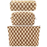 ZLFSRQ 3Pcs Checkered Makeup Bag for Women Large Small Checkered Cosmetic Bag Set Aesthetic Preppy Pencil Case Cute Pencil Pouch Brown Makeup Pouch for Purse Travel Toiletry Bags Zipper Skincare Bags