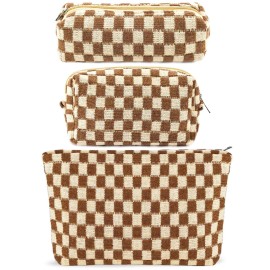 ZLFSRQ 3Pcs Checkered Makeup Bag for Women Large Small Checkered Cosmetic Bag Set Aesthetic Preppy Pencil Case Cute Pencil Pouch Brown Makeup Pouch for Purse Travel Toiletry Bags Zipper Skincare Bags