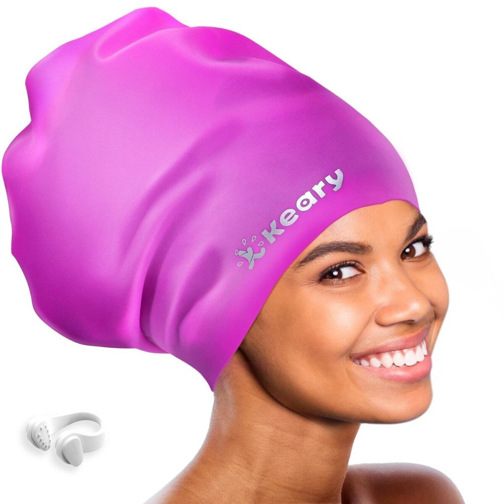 Extra Large Swim Cap for Braids and Dreadlocks Afro Hair Weaves Long Hair, Waterproof Silicone Cover Ear Bath Pool Shower Swimming Cap for Women Men Youth Adult Girl to Keep Hair Dry, Purple XXL