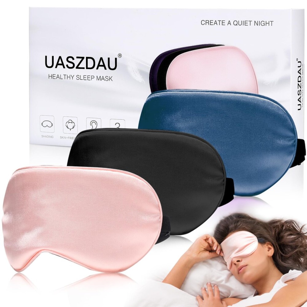 Sleep Mask Silk Eye Mask for Sleeping, Super Soft Blackout Eye Mask for Women Men, Side Sleeper Covers for Sleeping with Adjustable Straps, Travel Sleep Mask, 3 Pack