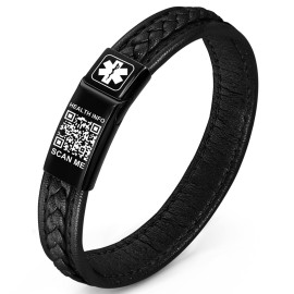 Theluckytag Medical Bracelets with QR Code for Women Medical Alert Id Bracelet - Sterling Silver Chain 7\'\'-9\'\' - More Space Custom Emergency Medical ID Info (Round Leather-Black)