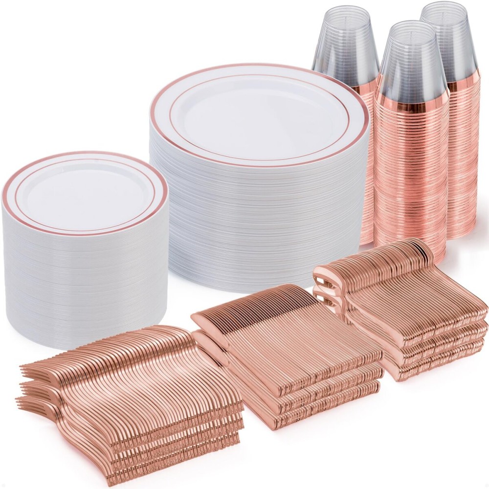 Goodluck 600 Pieces Rose Gold Disposable Plates for 100 Guests, Plastic Plates for Party, Wedding, Dinnerware Set of 100 Dinner Plate, 100 Salad Plates, 100 Spoons, 100 Forks, 100 Knives, 100 Cups