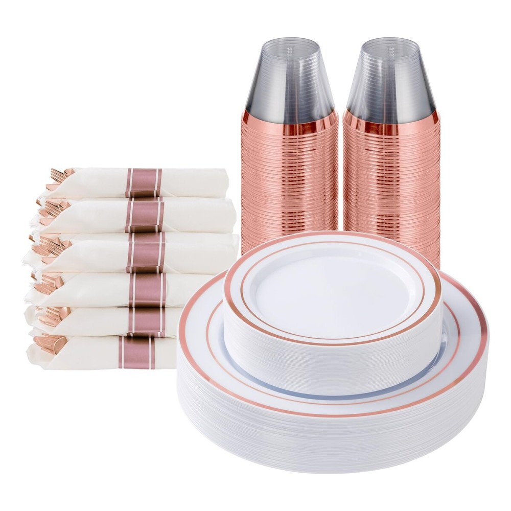 Goodluck 175 Piece Rose Gold Plastic Dinnerware Set for 25 Guests, Fancy Disposable Plates for Party, Include: 25 Dinner Plates, 25 Dessert Plates, 25 Pre Rolled Napkins with Silverware, 25 Cups