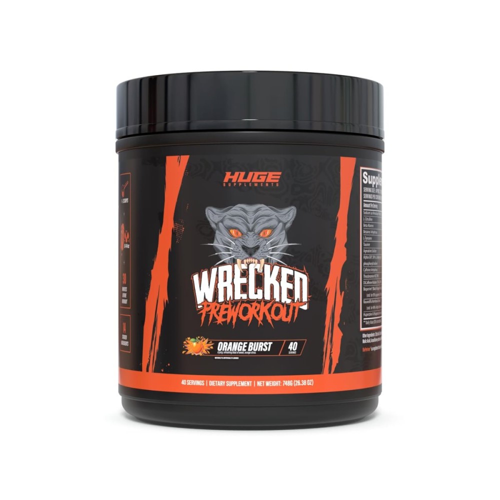 Huge Supplements Wrecked Pre-Workout, Advanced Formula, Boosts Energy, Focus, Pumps & Performance, 10g L-Citrulline, 6.4g Beta Alanine, 5g Tyrosine, 1g Alpha GPC, 375mg Fast-Acting Caffeine & More
