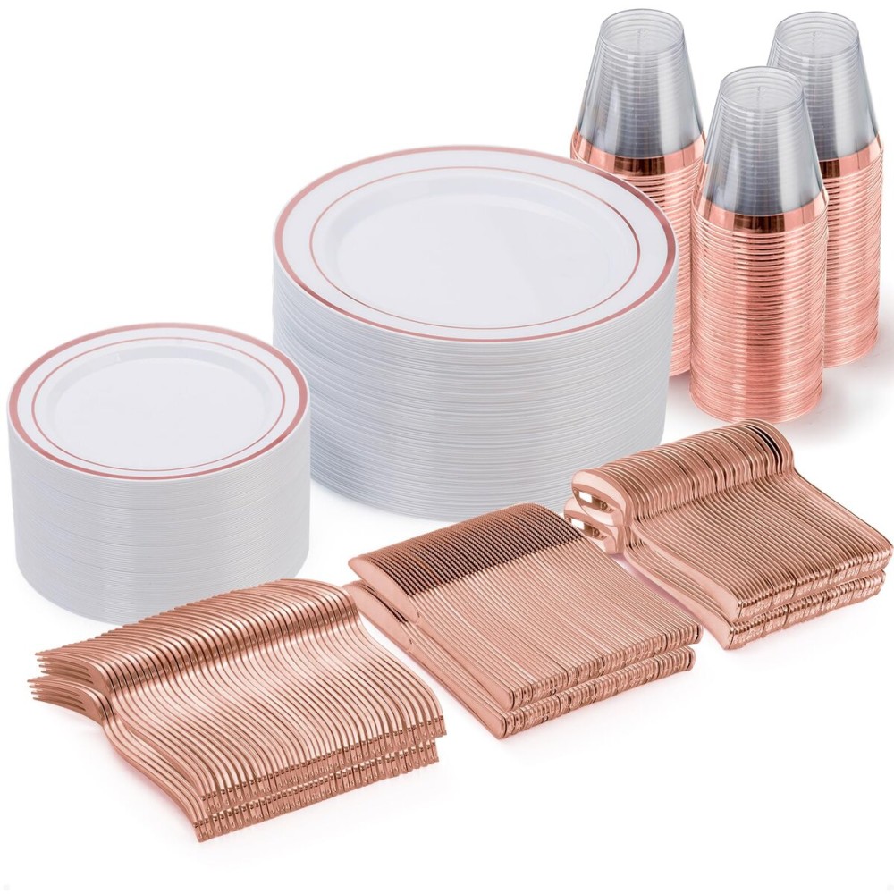 Goodluck 300 Pieces Rose Gold Disposable Plates for 50 Guests, Plastic Plates for Party, Wedding, Dinnerware Set of 50 Dinner Plate, 50 Salad Plates, 50 Spoons, 50 Forks, 50 Knives, 50 Cups