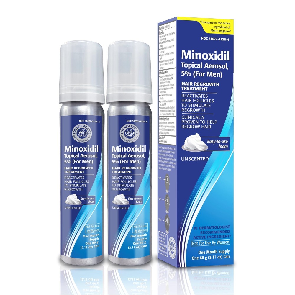 Minoxidil topical aerosol foam, 5%, hair regrowth 2 months treatment for men, 2.11 oz (2 Pack)