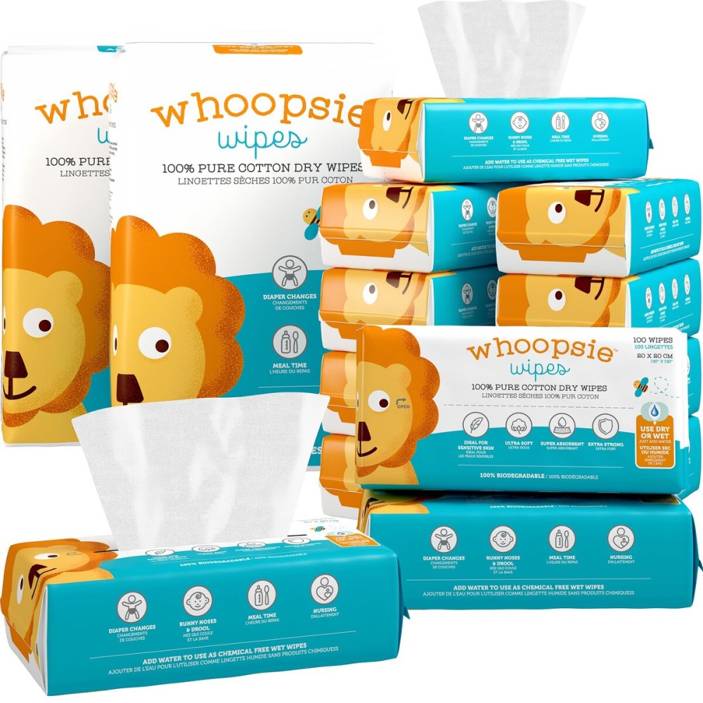 Whoopsie Wipes - The Original 100% Pure Cotton Dry Baby Wipes - Ultra Soft, Unscented, Chemical-Free Wipes for Sensitive Skin - Use Dry or Add Water for Wet Wipes - 12 Packs (1200 Count)