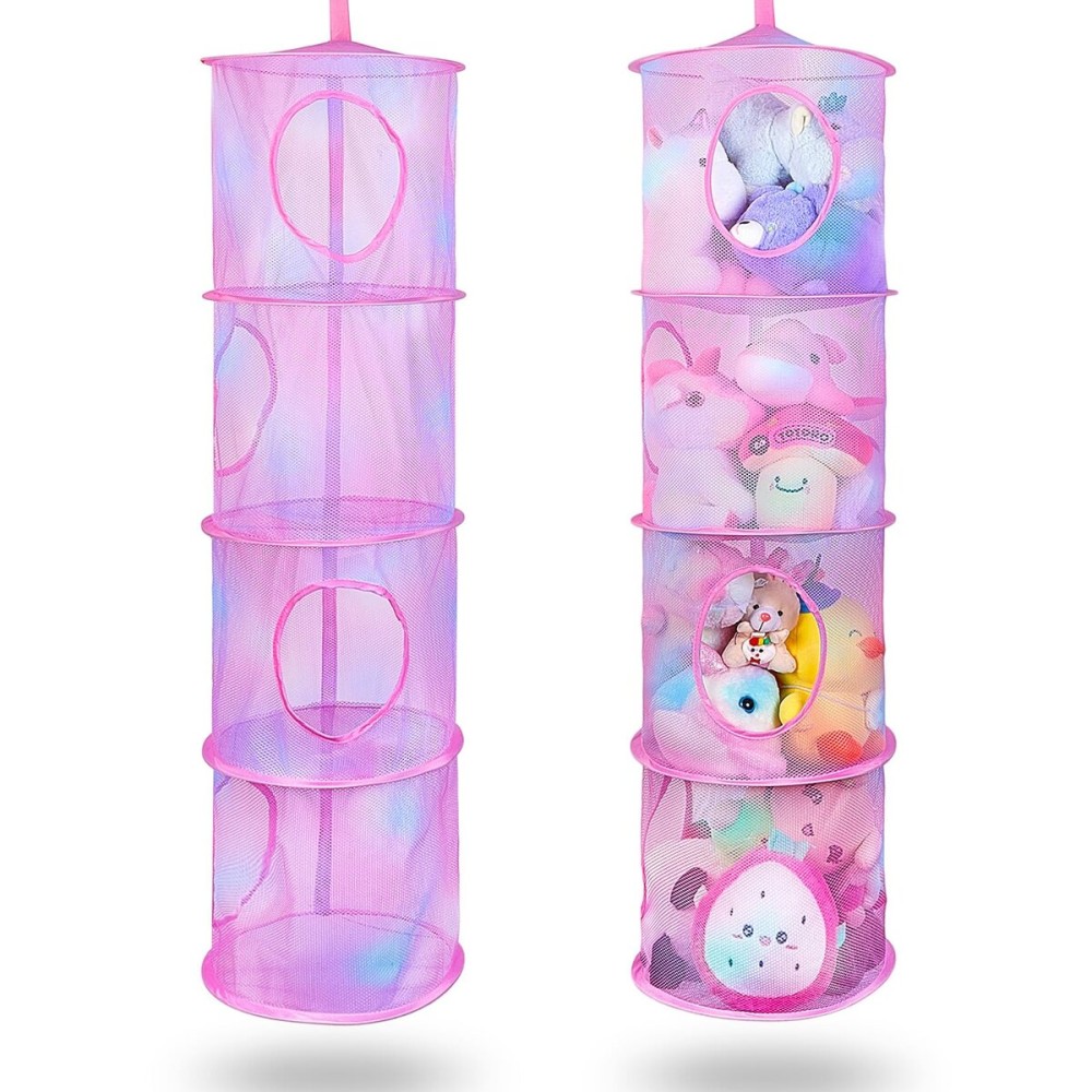 Basumee Stuffed Animals Net or Hammock 2 Pcs Stuffed Animals Storage Toy Net Hammock for Plushies Storage Organizer Mesh Kids Girls Room Decor, Pink, 4 Tiers