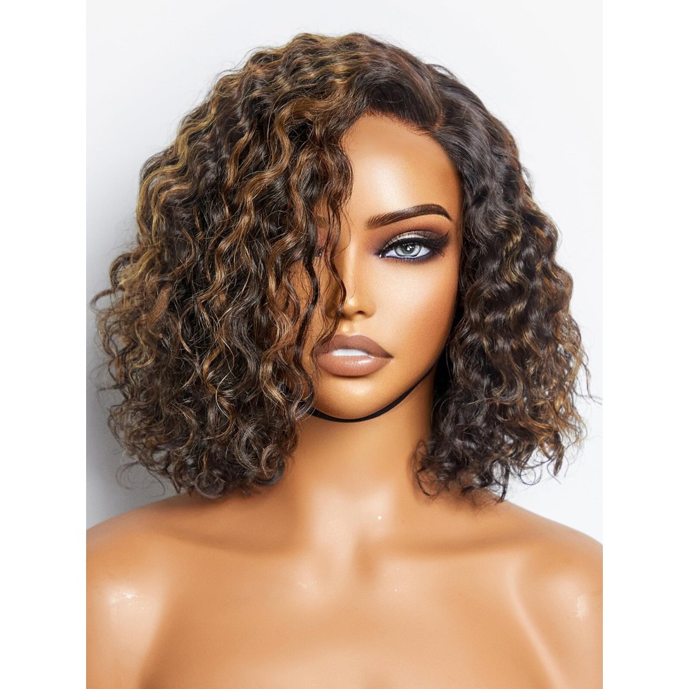 LUVME HAIR 10 Curly Glueless Wigs Human Hair Pre Plucked Pre Cut, Undetectable HD Lace Curly Bob Wig Human Hair Short Black Wig with Blonde Highlights Ready to Go Wig 180 Density