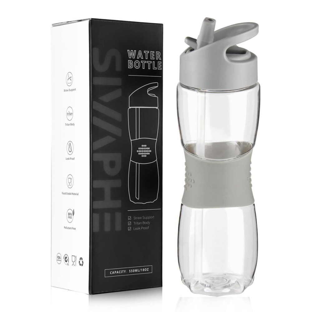 Sivaphe Clear Water Bottle with Straw 18 oz Portable Tritan Transparent Sports Drinking Bottle for School Girls Boys Grey