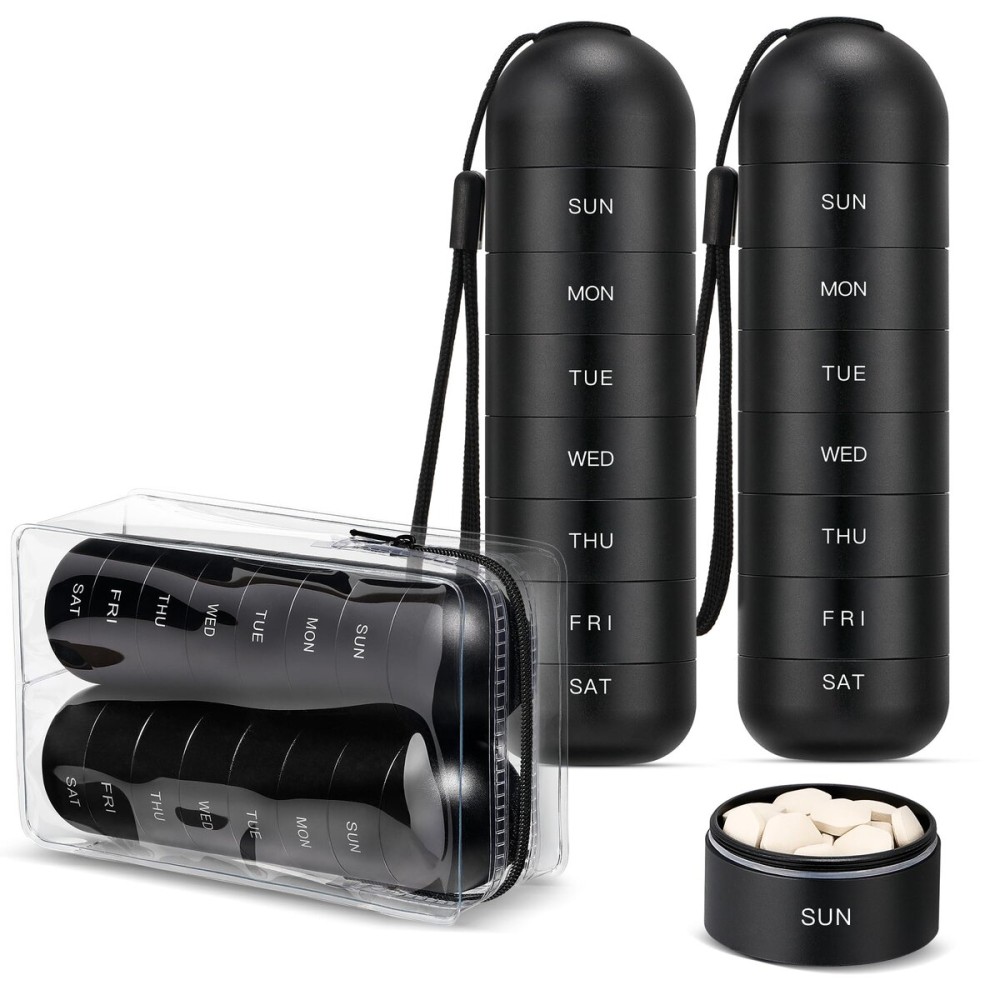 [2 Pack] Zannaki Metal Travel Pill Organizer, Portable Waterproof Weekly Pill Box, Large Aluminum Alloy Pill Case Container, BPA Free 7 Day Daily Medicine Organizer Holder for Vitamin, Supplement