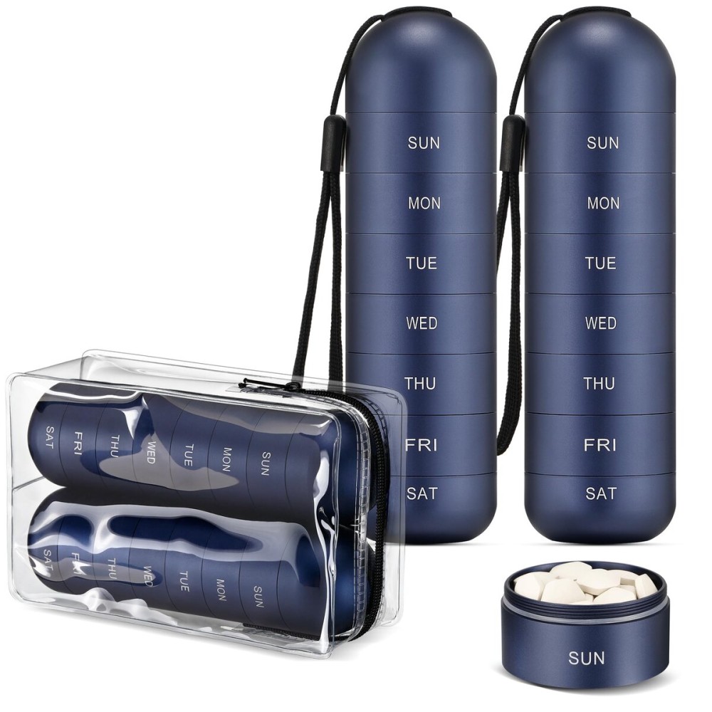 [2 Pack] Zannaki Metal Travel Pill Organizer, Portable Waterproof Weekly Pill Box, Large Aluminum Alloy Pill Case Container, BPA Free 7 Day Daily Medicine Organizer Holder for Vitamin, Supplement