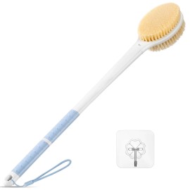 Back Scrubber Body Shower Brush: 20.5 Extra Long Anti Slip Handle Bath Brush with Stiff and Soft Bristles - Showering Exfoliator Wet or Dry Brushing for Women, Men, Elderly (Blue)