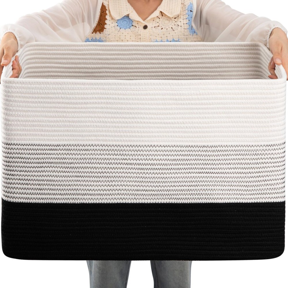 OIAHOMY 108L Large Cotton Rope Basket, Rectangle Woven Baskets for Storage, Nursery Blanket Storage Living Room, Toy Basket With Handle-25x16x16-Gradient Black